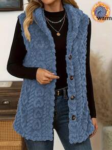 Women's Solid Color Hooded Knit Vest, Sleeveless Button Front Cardigan, Regular Length, With Fuzzy Details - Blue - View 2