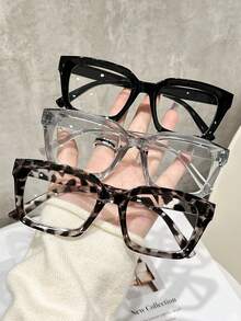 3副塑料几何全框豹纹透明眼镜，女士款，适合街头摄影、节日礼物、时尚配饰