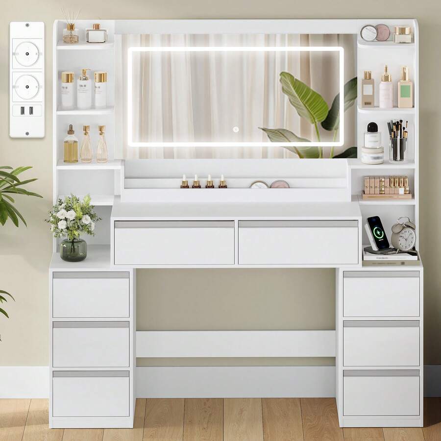 HEXCELEN Dressing Table With Large Mirror, Vanity Table And Hairdryer Holder, 8 Drawers, Open Compartments, 40 * 135 * 145.2 Cm, Modern White And Silver Dressing Table - 查看 1