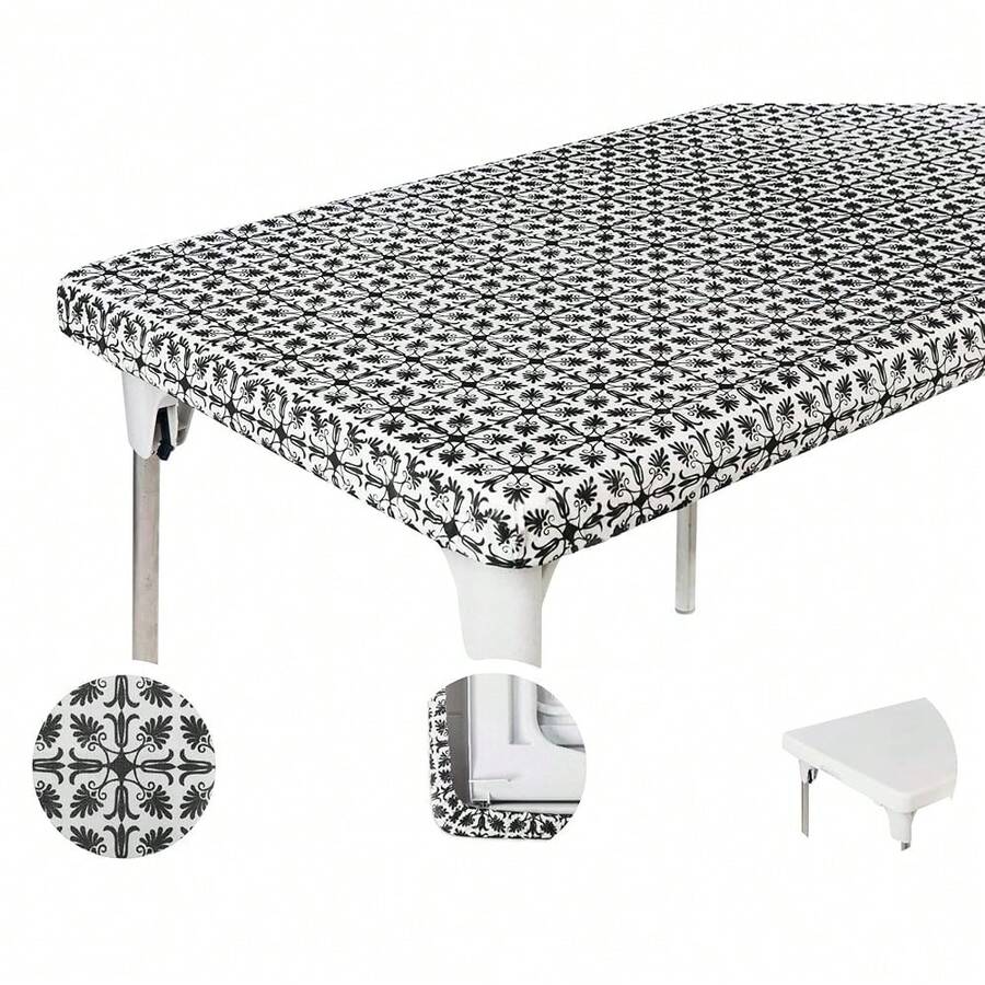 4ft 48 X 24 Inch Black Patterned Rectangle Picnic Table Cover Elastic TableCloth On The Corner For Folding Table Outdoor TableCloths Plastic Vinyl Waterproof Stay Put Party Birthday Home,One-Size,BlackPatterned48inchx24inchRectangular - BlackPatterned48inchx24inchRectangular - View 1