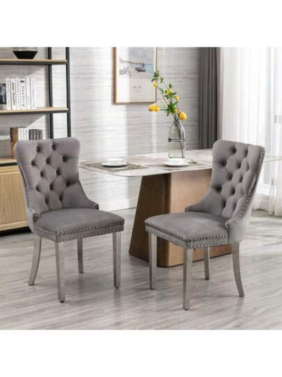 Furniture, Nikki Collection Moderne High End Dining Chairs In Soft, Contemporary Solid Wood Upholstery Fluwelen Padding Chrome Plated Stainless Steel Sheet Legs, Studded Head ation, Double Set, Grijs De1701gy view 4