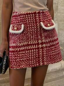 Livesso Christmas Plaid Fuzzy Mini Skirt For Women, Suitable For Autumn/Winter Party - Red - View 4