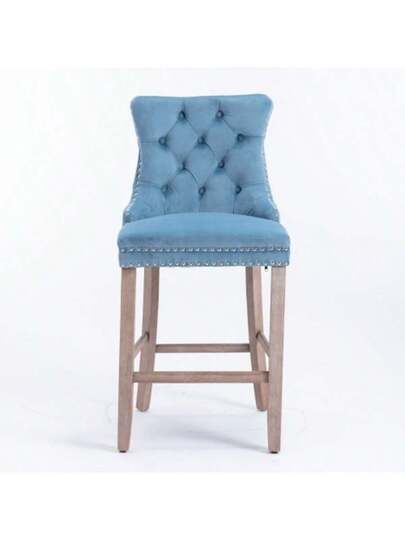 Moderne Fluwelen Upholstered Bar Stool Buttoned Suede Wooden Tafel Legs, Chrome Studded Head Chair, Stool, Set Of Two (Light Blue), DE2002LB view 9