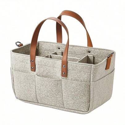 1 Pack Multipurpose Storage Basket For Kitchen Picnic Car Trunk Home Organization Felt Sleek Gray Design With Leather Handles Large Capacity Removable Dividers Multiple Pockets Practical Daily Essential Perfect Gift