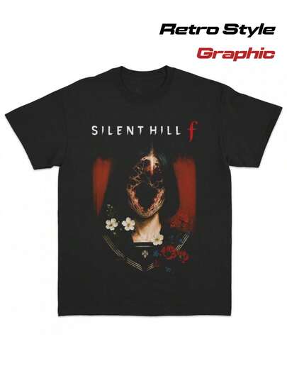Camiseta gráfica de juego de terror de Konami Silent Hill F - Camiseta de juego negra con letras rojas, diseño de videojuego retro Silent Hill,  Ropa oficial-estilo bootleg para fans de Silent Hill y convenciones de juegos de terror, ropa casual, impresión audaz, material duradero, mercancía de fans, ropa casual, tres de convención, impresión de alta calidad, asistentes a convenciones