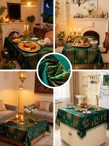 1 chiếc khăn trải bàn hình chữ nhật màu xanh ombre phong cách Bohemian, trang trí bằng tua rua xanh, hình trăng vàng, họa tiết hình học, ngôi sao vàng, họa tiết đèn lồng, có thể giặt được, thích hợp cho bàn ăn, bàn cà phê, tủ, nhà bếp, phòng ăn, phòng khách, các bữa ăn, tụ họp, tiệc tùng, chủ đề Ả Rập cho các ngày lễ, quà tặng. - màu xanh lá - Xem 3