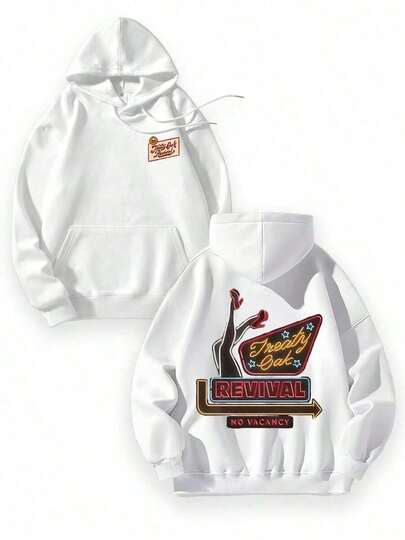 2026, Sudaderas con Capucha para Hombre, EWH Sudadera de Algodón Lavado Desgastado con Cuello Redondo 270g Impresión de Doble Cara, con Tela Suave y Transpirable, Presentando Texto Estilo Neón "Treaty Oak REVIVAL" y un Patrón de Figura Y2k, Soulja, Concierto, Halloween, Gótico, Vintage, Gráfico de Ropa Urbana, 009-ABsudadera para hombre