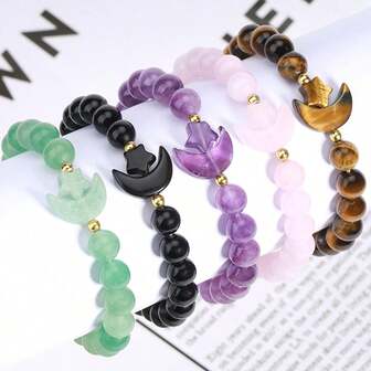 1 Stück Naturstein Armband für Frauen, Energie Stern Mond Kristall Anhänger, Tiger Auge, Rosa Quarz Perlen Armband, Beziehung T019