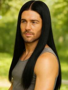 男士黑色长直假发，耐高温纤维合成耐热假发，时尚百搭，适合所有男士日常佩戴和派对场合