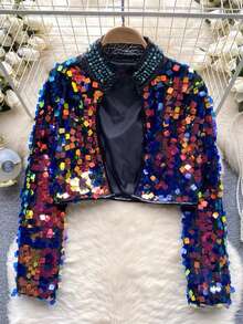 Magic Mia Sequin Crop Jacket For Women, Woven Fabric Sparkly Party Blazer, Colorful Glitter Short Coat Nightclub Prom Performance Outfit - Nàng tiên cá - Xem 1