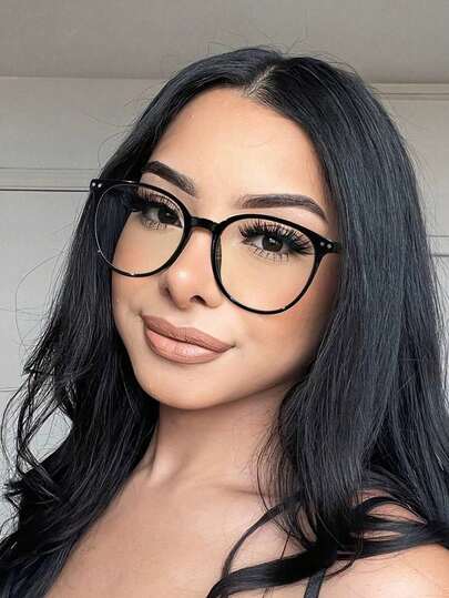 1 pieza Gafas de montura redonda de estilo casual y de campus de acrílico para mujer, de color negro, adecuadas para lectura diaria, trabajo y vida universitaria
