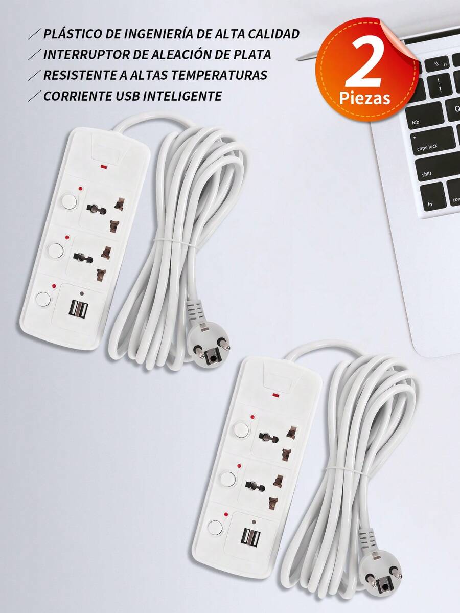 2 Piezas Regleta Cargador Multicontactos Premium Con 2 Salidas 2 Puertos Usb,Extensiones 4 Tomas,Cable de extensión, Protector contra sobretensiones con 4 salidas, 2 puertos USB,Extensión Eléctrica Multicontacto,adaptador de regleta para el hogar y la Oficina. - 2 piezas - Ver 1