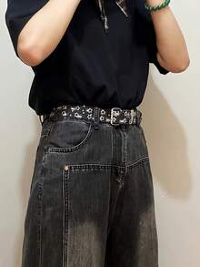 1件新款时尚奢华腰带，黑色朋克风配饰，蓝色牛仔布束腰带，Y2K星形镂空扣，男女通用 - 藍色 - 查看 6