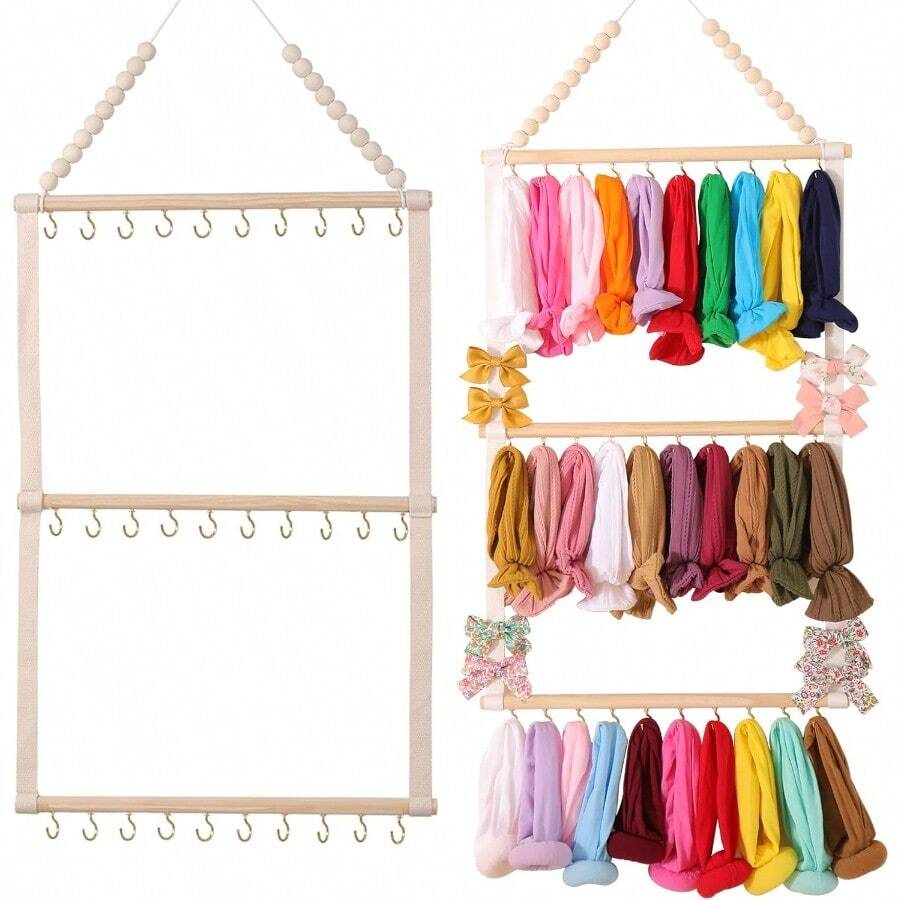 WSXC Headband Holder Organizer For Girls' Hair Accessories - Bow Clip Tie Headband Storage Hanging Decor For Nursery Toddler Girls' Room Beige - 米色1 - 查看 1