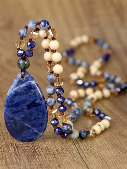 Vintage Teardrop Blue Veined Stone Long Necklace, Handmade Knotted Bohemian Blue Lapis Lazuli Teardrop Pendant Necklace, Special Holiday Gift