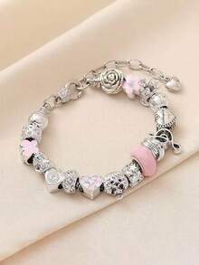 Minimalist Fashionable Pink Love Flower Pearl Crystal Multi-Element DIY Bracelet, Cute Girl Bow Daisy Insect Bracelet, Suitable For Daily, Festivals, Sweet Gifts For Girlfriends, Best Friends, New Year, Valentine's Day, Ramadan - Pink - View 6