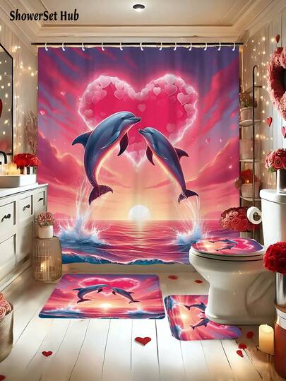 情人节装饰 1/3/4 件套浪漫海豚浴帘浴室套装，心形和海洋日落印花防水耐磨配件，带 12 个挂钩 - 包括马桶座套、浴垫和地毯 - 塑料面料 - 可水洗，防霉 - 非常适合节日装饰、家居/卧室/房屋/西式/春季装饰
