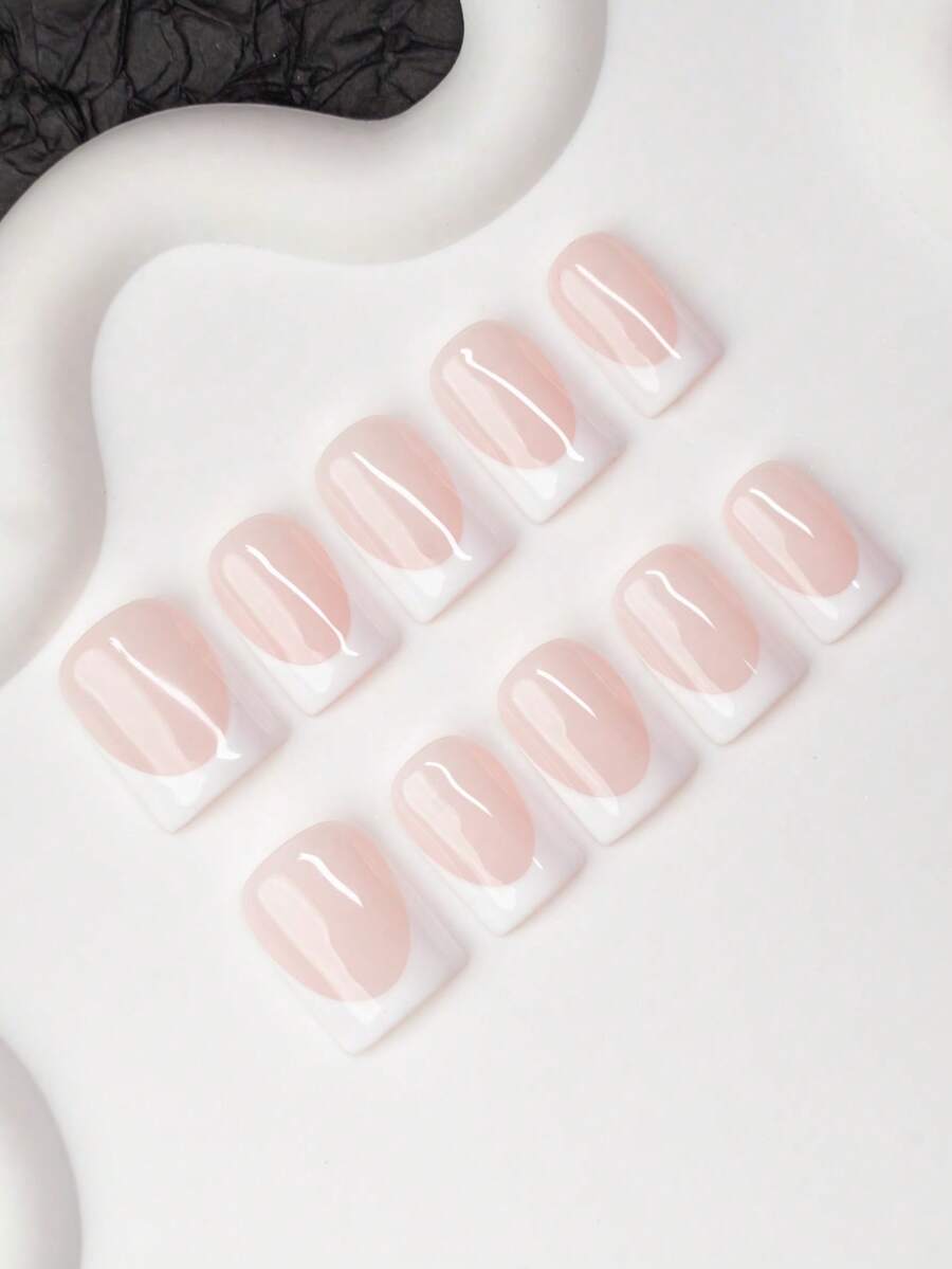 10片方形手工美甲贴片，Y2K 酷炫风格，裸色、乳白色、白色，法式边缘设计，手工美甲贴纸，适合女性和女孩，闪亮美甲，适合派对、婚礼、日常佩戴，包含工具包，是送给女士和女孩的绝佳礼物，手工美甲用品，按压式美甲贴片 - 彩色 - 查看 1