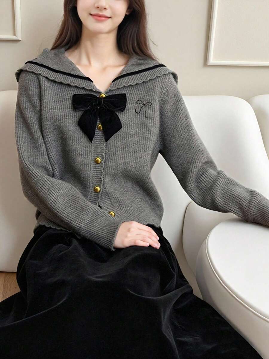Alicedudu Women's Vintage Navy Collar Bow Decor Cardigan, Autumn/Winter - Grey - View 1