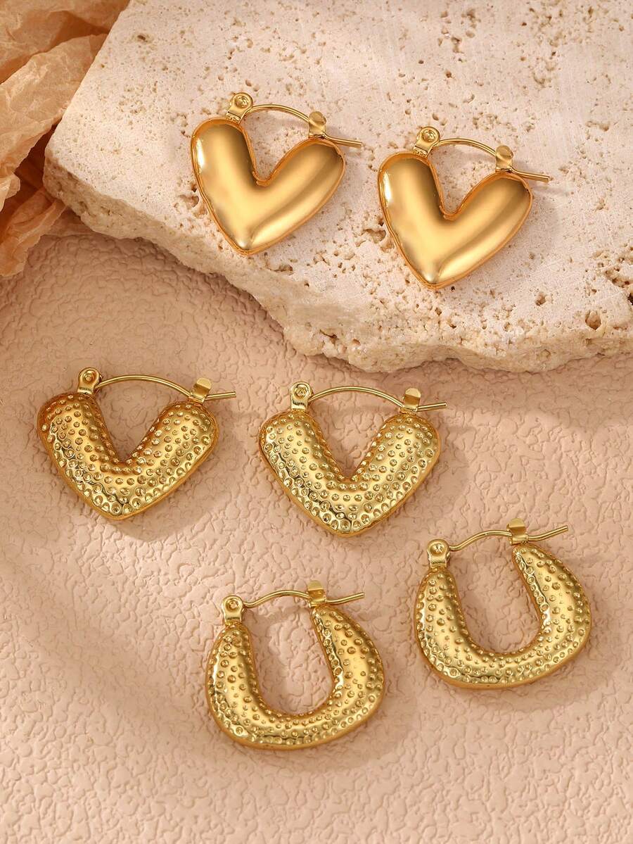 1/3对 时尚不锈钢金属粗款复古硬币耳环，女士日常/节日/派对配饰 - 金色 - 查看 1