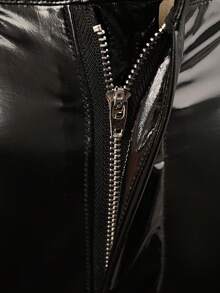 Women's Metallic Zipper Elastic Fabric High Waist Skinny Pants, PU Leather Slim Fit Y2K Style Casual Nightclub Party , Spring/Autumn Black Vacation - màu đen - Xem 4