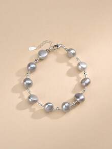 1条925纯银天然珍珠手链，适合婚礼、订婚、新娘、母亲节、情人节、生日礼物 - 灰色 - 查看 5