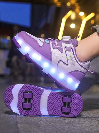 Girls 4-Wheel Roller Skate Shoes, New Kids Rotating Button Adjustable Roller Skate Shoes, PU Leather Lightweight Durable Double Wheel Invisible Roller Skate Shoes, All Season LED Light Up Shoes With USB Charging, Detachable Wheels, 2-In-1 Ice Skating & Roller Skating Shoes