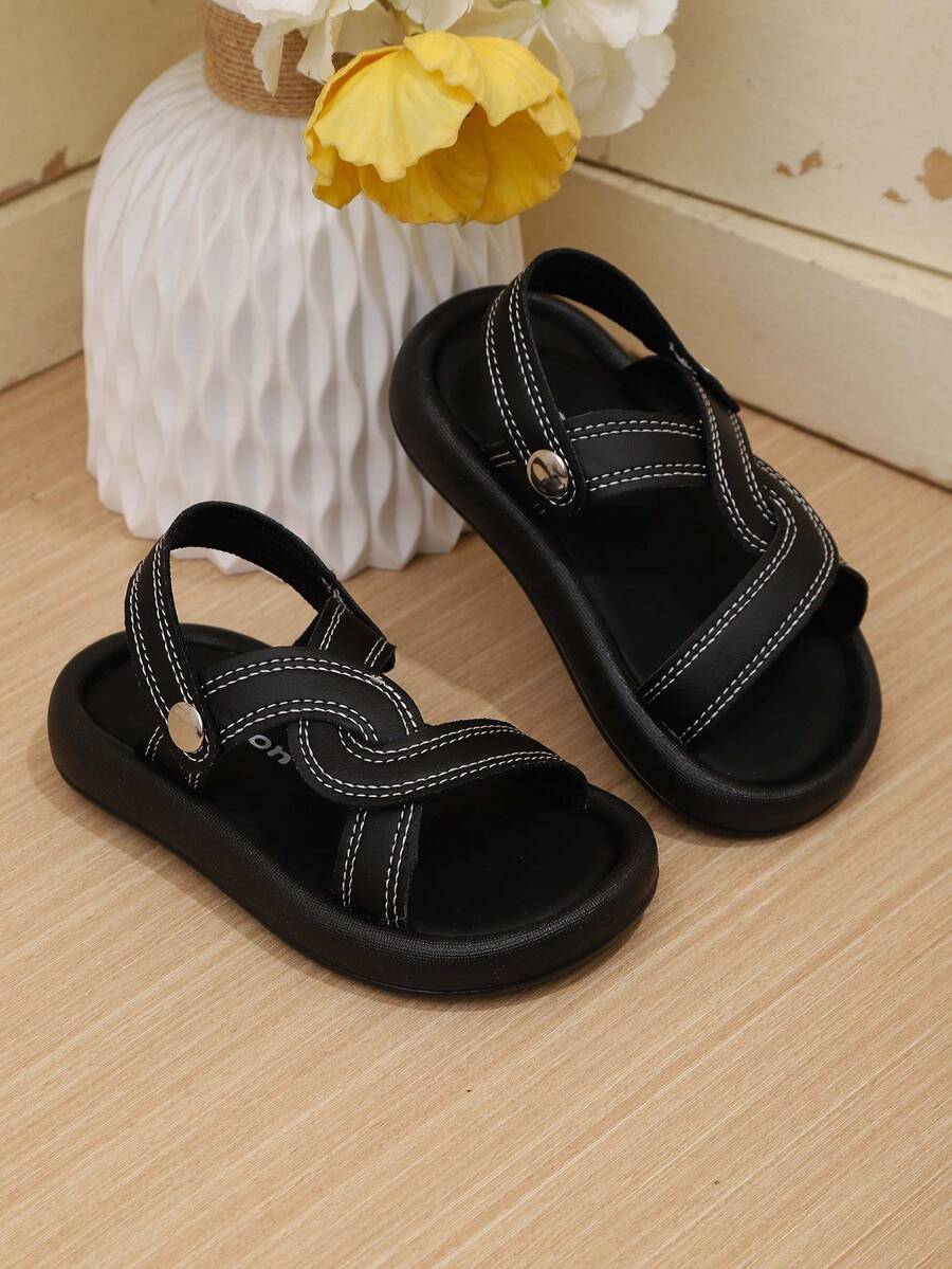 1 Pair Kids Casual Soft Bottom Open Toe Beach Sandals, Non-Slip Toddler Shoes - Black - View 1