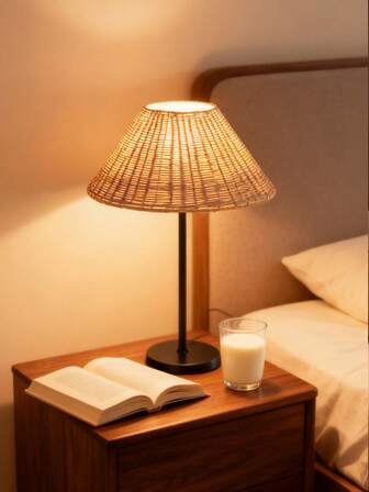 1个USB供电的手工木质藤编台灯，适用于民宿、现代客厅、卧室、书桌、床头柜，复古、高端、北欧暖光风格