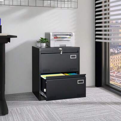 2 Drawer Metal Lateral File Cabinet With Lock,Office Vertical Files Cabinet For Home Office/Legal/Letter/A4,Locking Metal File Cabinet,Assembly Required (Black,With 2 Drawer)