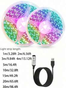 1-30米柔性RGB LED灯带，3键数据线控制（无遥控器），低压USB供电，自带背胶，适用于卧室、电视背光、节日派对装饰 - 彩色 - 查看 9