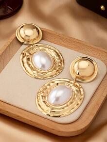 一对几何纹理椭圆形镶嵌椭圆形珍珠吊坠耳环，复古优雅女士耳环 - 金黃色 - 查看 5