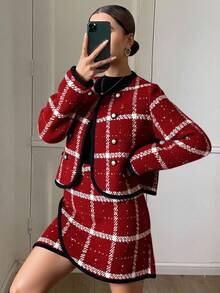 Livesso 女士优雅图案外套和裙子两件套，适合秋季、新年、圣诞节穿着 - 酒紅色 - 查看 1