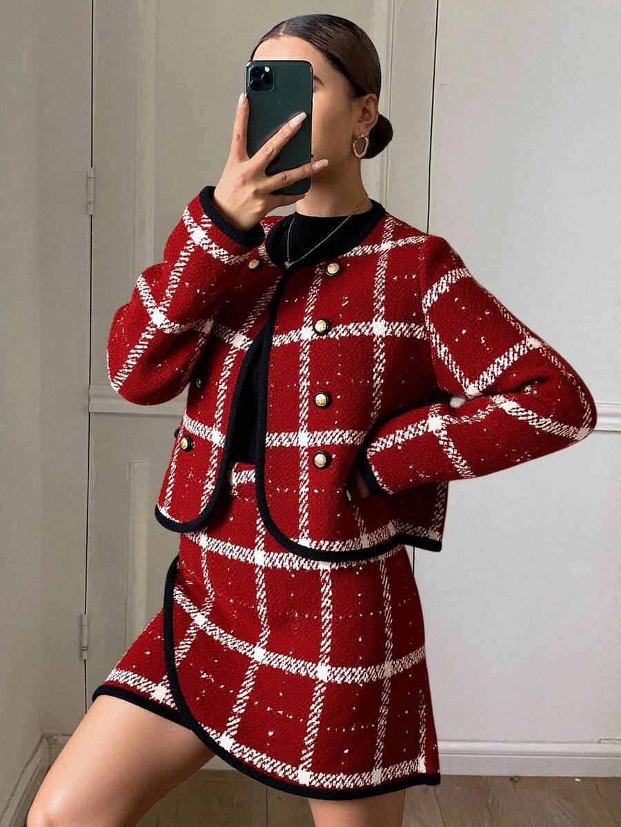 Livesso 女士优雅图案外套和裙子两件套,适合秋季、新年、圣诞节穿着 - 酒紅色 - 查看 1