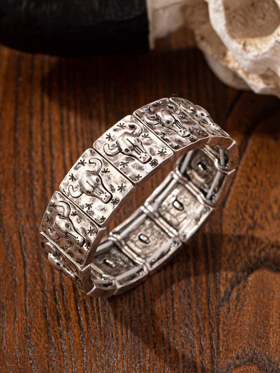 1 Par de Pulseira Tipo Bracelete com Cabeça de Vaca Estilo Ocidental, Elástica, Joia Ocidental para Mulheres - Pulseira elástica com cabeça de touro - Visão 1