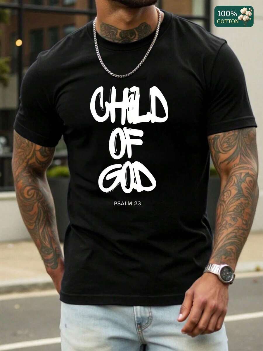 100% Cotton Men's Child Of God Graphic T-Shirt, Vintage Distred Religious Print In Bold White Lettering,  Soft Cotton Casual Tee, Sunday  Or Everyday Wear, Gift Christian Men Who Love Faith-Based Apparel Street Hip-Hop Style Men's T-Shirt - Black - View 1