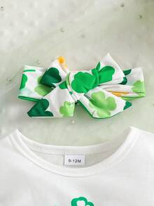 可爱女婴圣帕特里克节套装，三叶草和幸运字母印花荷叶边短袖连衣裙 + 配套发带 - 綠色 - 查看 3