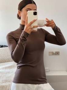 Livesso 女士高领打底衫，秋冬长袖上衣 - 咖啡棕 - 查看 3