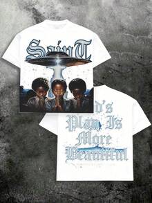 (180 Cotton T-Shirt)  God's Plan   Pattern Print Men's Summer Round Neck Short Sleeved Casual Cotton Print - 白色 - 查看 1