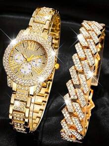 2 件套奢华女士套装：金色石英表搭配水晶链和经典嘻哈手链，时尚迷人，是送给女性的理想礼物 - 金色 - 查看 6