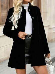 Women's Elegant Minimalist Stand Collar Solid Color Casual Commuter Front Button Long Sleeve Jacket, Autumn/Winter - Black - View 5