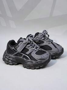 1双儿童透气网面运动鞋，男女通用，拼接材质，透气内衬，轻便舒适的鞋底 - 黑色 - 查看 4