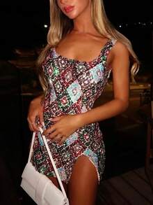 Women Sparkly Sequin Mini Dress Y2k Contrast Shining Split Slim Fit Sleeveless Sundress Summer Stylish Sexy Bodycon Going Out Party Dress Streetwear - 金色 - 查看 4
