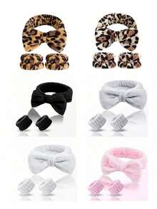 1/2/3Pcs Spa Headband For Washing Face Wristband Set,Skincare Headband And Wristband Set Headband Skincare Bathroom Wristband, Leopard Print Headband, Soft Bow Hair Band Skincare Headbands For Washing Face Women - Multicolor - View 10