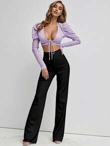 Celana Panjang Polos Pinggang Tinggi Kaki Lebar Model Bootcut Celana Panjang Formal - Hitam - View 4