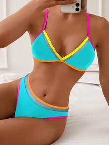 1 Conjunto de Bikini de Dos Piezas para Mujer con Inserto de Malla, Tirantes de Espagueti, Escote en V, Espalda Descubierta, Elegante y Sexy - Azul - Ver 1