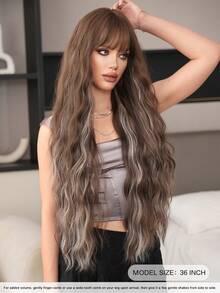7JHH WIGS 高品质36英寸超长波浪卷发假发，优雅栗棕色超长波浪假发，带刘海和白色挑染，耐热纤维材质，无胶合成全机编织，适合日常佩戴、音乐节派对、街头装扮、动漫角色扮演或服装搭配，也是女孩毕业礼物和假发配件的理想之选。 - 挑染棕色 - 查看 5