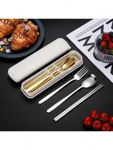 4-Piece Portable Stainless Steel Cutlery Set, Dishwasher- Reusable Utensil Set, Including Fork, Spoon, Chopsticks With Case (Gold Green) - Olive Green - View 5