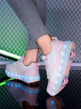 女童四轮轮滑鞋，儿童可调节轮滑鞋，PU皮革轻便双轮隐藏式轮滑鞋，青少年LED发光鞋带USB充电，可转换轮滑和滑冰鞋