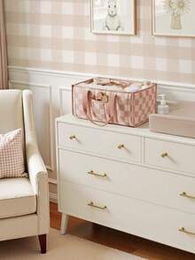 1pc Floral Diaper Caddy Organizer, Stylish Nursery Storage Basket - Gift For Baby Shower, Baby Registry Must Have, Newborn Essentials , Baby Caddy Organizer(Flower Prints In Randomized Positions) - Hồng kẻ ô vuông - Xem 5